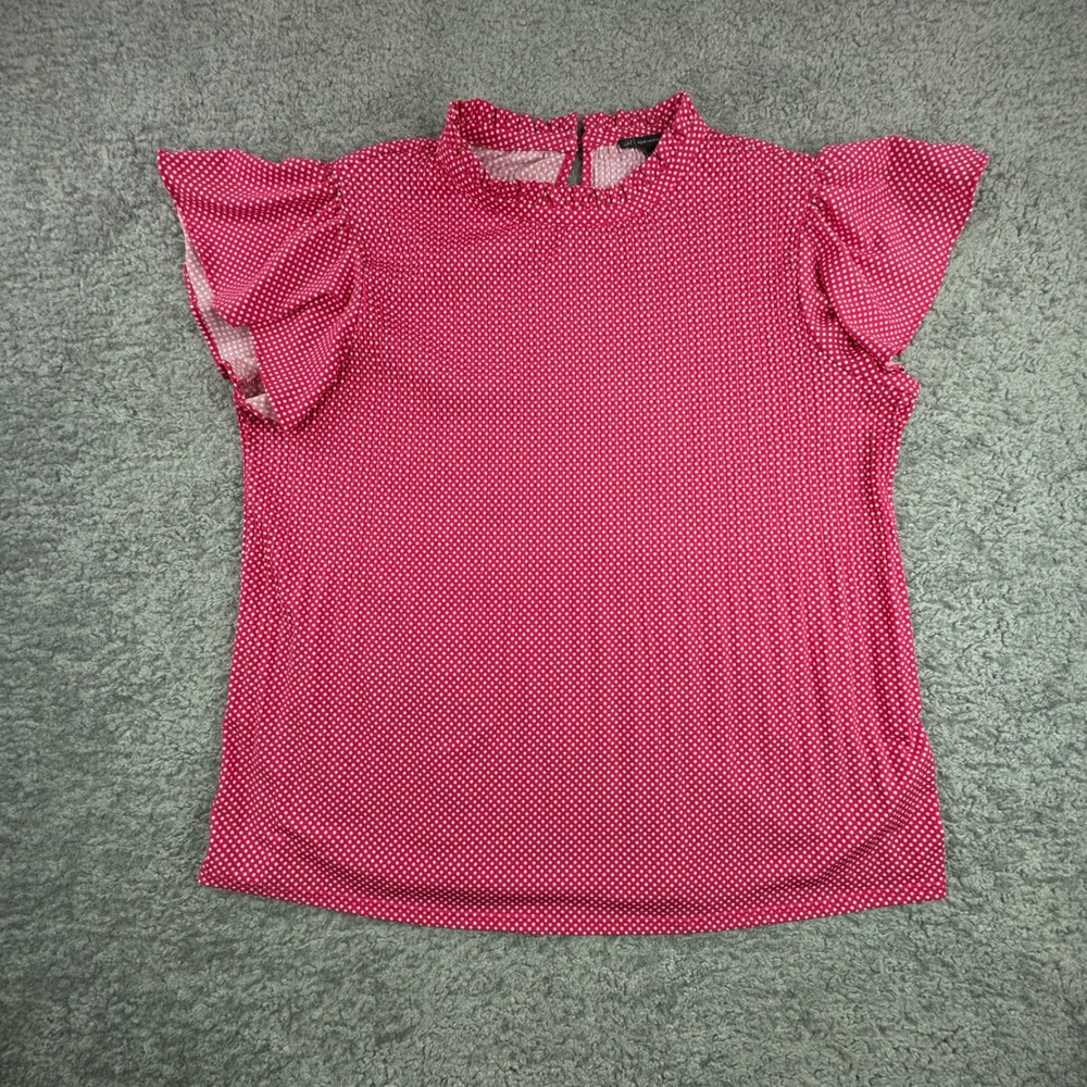 Adrianna Papell Womens Pink White Polka Dot Mock Neck Flutter Sleeve Top‎ Size L